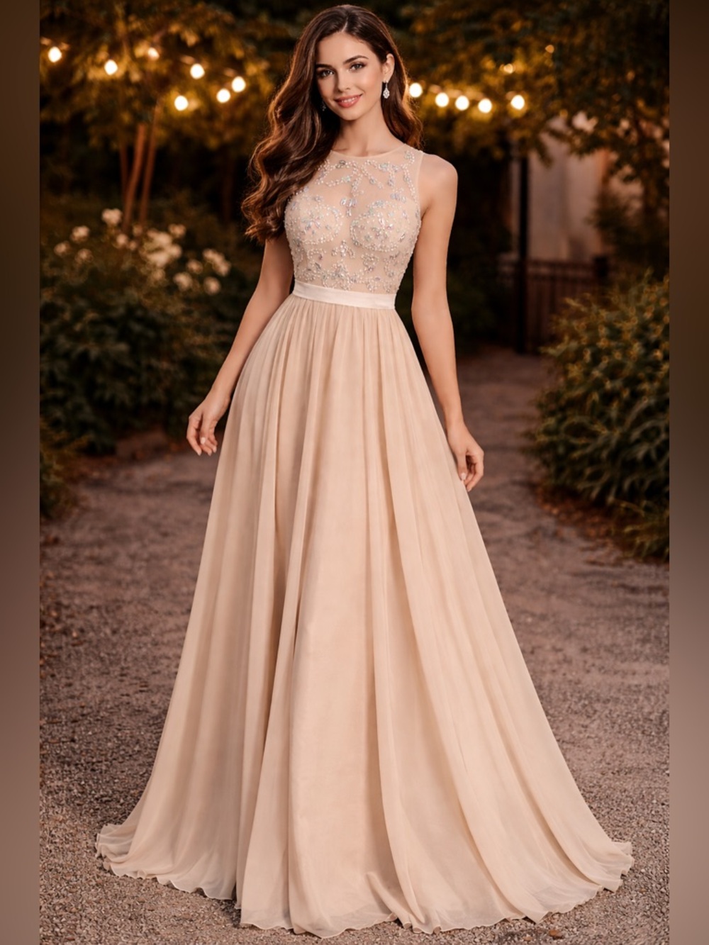 DYLAN QUEEN Women's Champagne Jewel Embellished Sleeveless Formal Maxi Dress 12